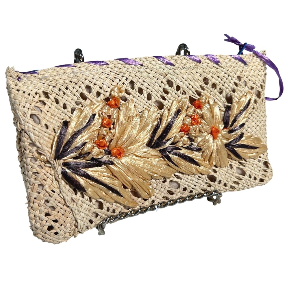 Vintage Handcrafted Woven Straw Raffia Floral Clutch Bag Tan Purple Trim